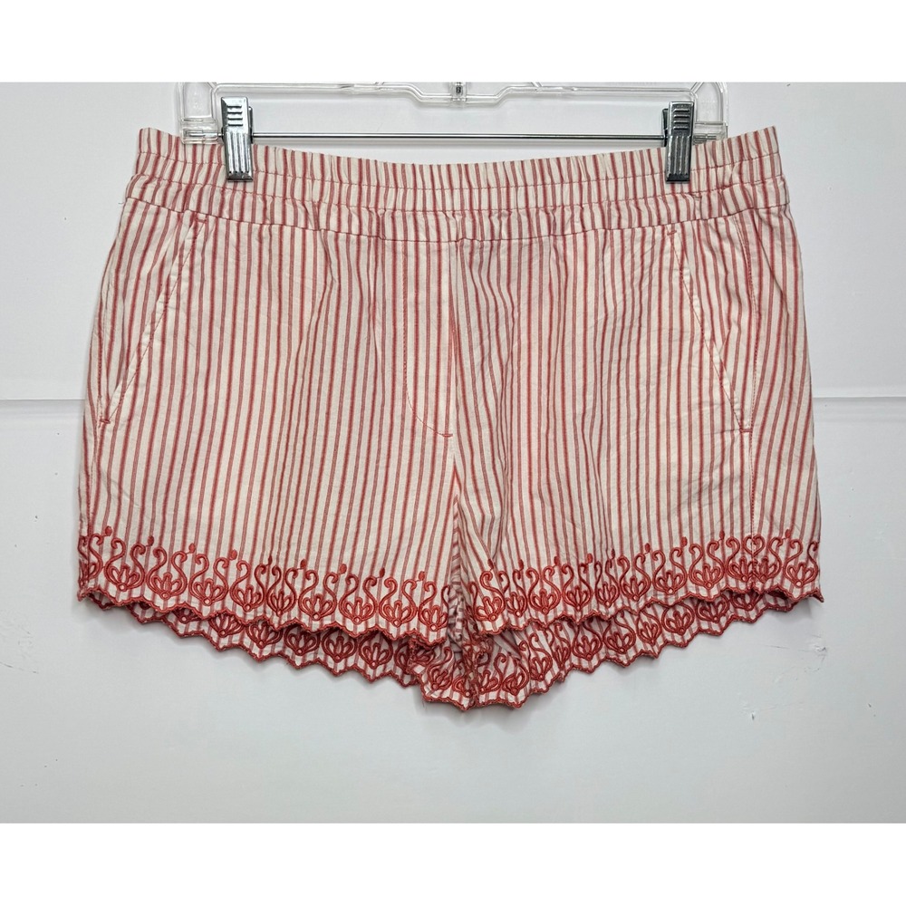 LOFT Running Shorts Women M Red White Striped Embroidered Hem Beachy Nautical‎